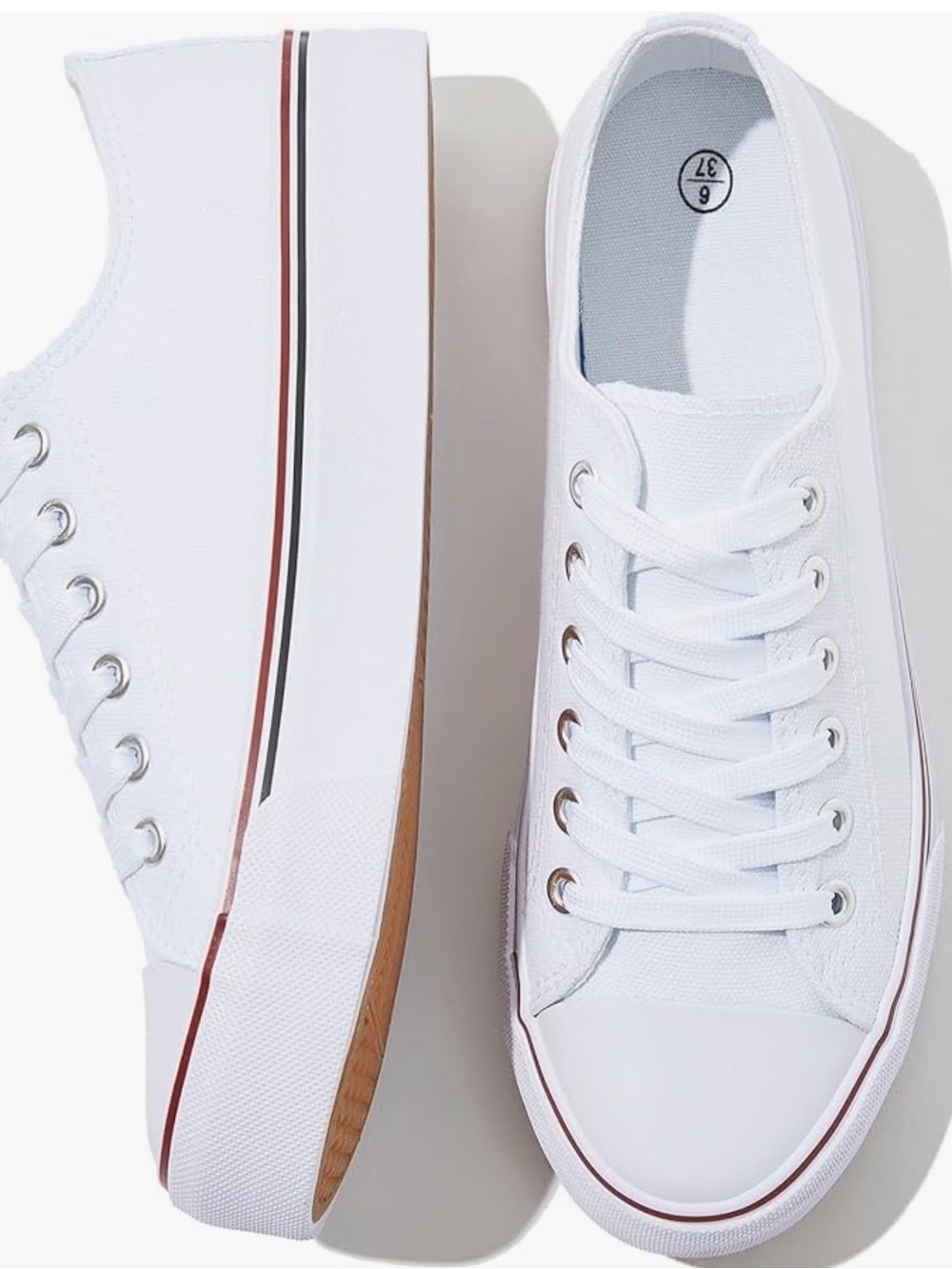 White Low-Top Canvas Sneakers with Red & Black Stripe